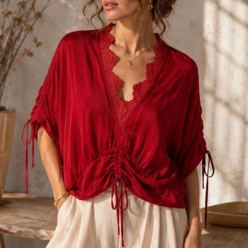 IRO Arnila NWT Red Blouse 38 M Ruched Drawstring Dolman Sleeve Lace Boho Paris
